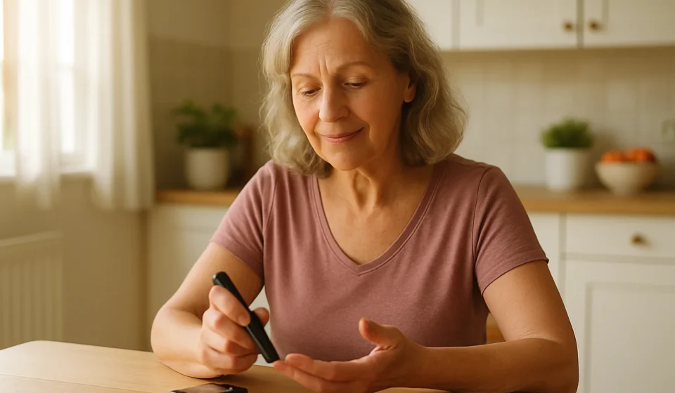 Senior woman checking blood sugar with a glucose meter, Medicare diabetic supplies 2026