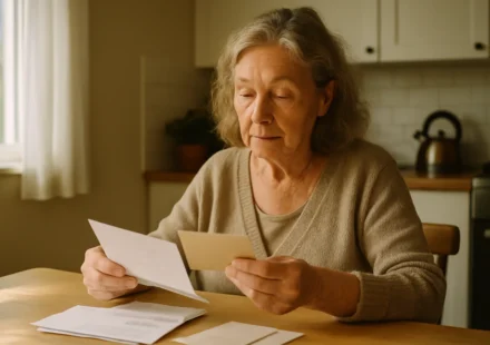 Senior reviewing a Medicare flex card and mail at a kitchen table