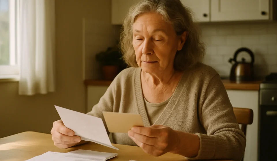 Senior reviewing a Medicare flex card and mail at a kitchen table