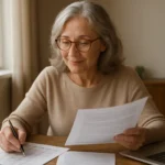 Senior reviewing Medicare general enrollment period paperwork at a desk