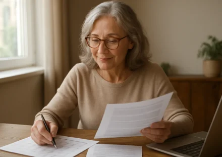 Senior reviewing Medicare general enrollment period paperwork at a desk