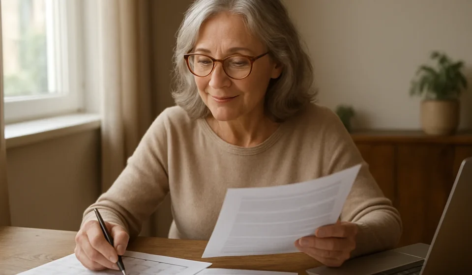 Senior reviewing Medicare general enrollment period paperwork at a desk