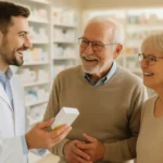 Senior couple reviewing Medicare GLP-1 Bridge weight-loss medication options with a pharmacist