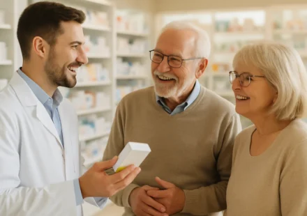 Senior couple reviewing Medicare GLP-1 Bridge weight-loss medication options with a pharmacist