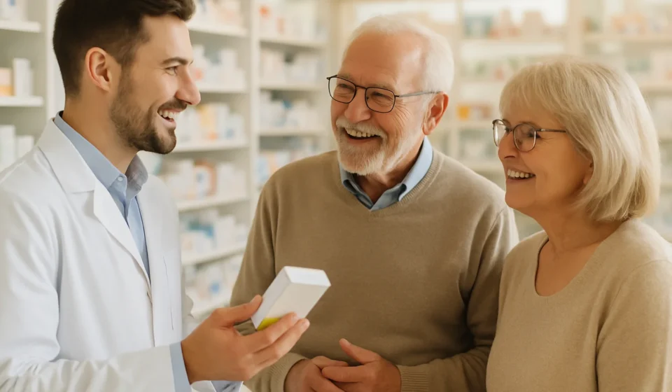 Medicare GLP-1 Bridge 2026: $50 Weight-Loss Drug Access Senior couple reviewing Medicare GLP-1 Bridge weight-loss medication options with a pharmacist