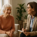 Senior woman talking with a therapist during a counseling session covered by Medicare