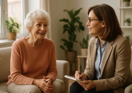 Senior woman talking with a therapist during a counseling session covered by Medicare