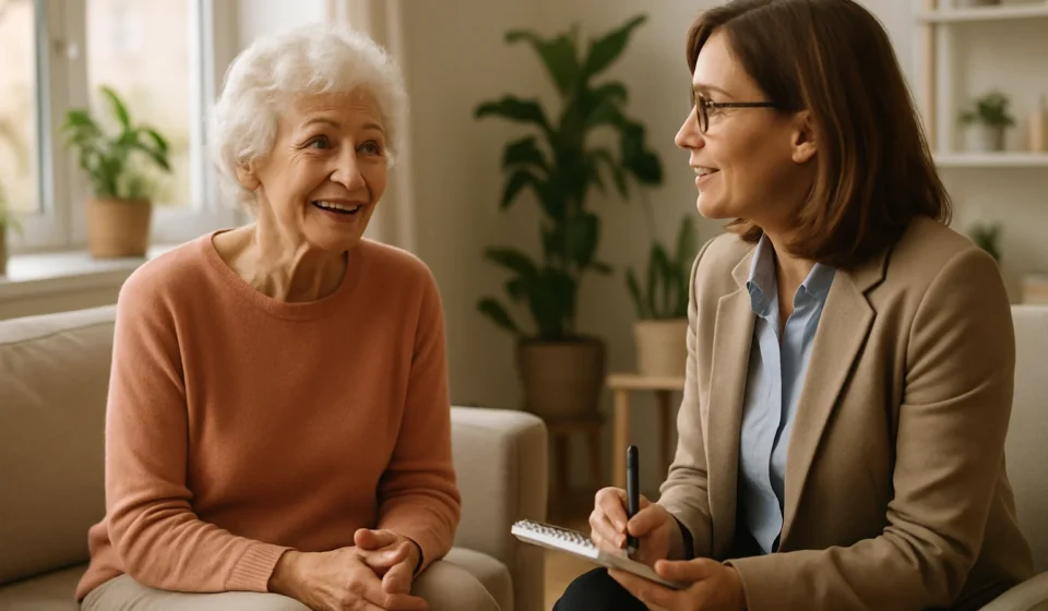 Senior woman talking with a therapist during a counseling session covered by Medicare