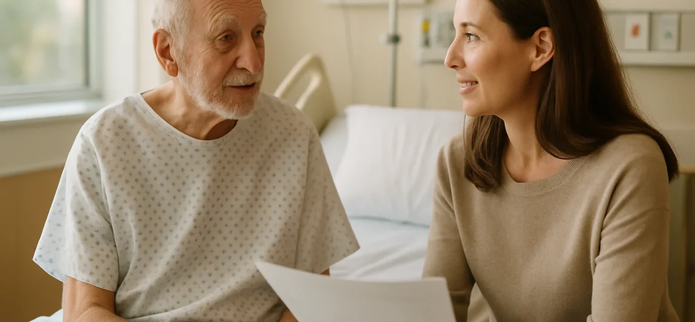 Senior hospital patient and daughter reviewing Medicare observation status notice