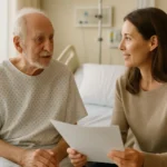 Senior hospital patient and daughter reviewing Medicare observation status notice
