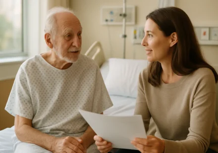 Senior hospital patient and daughter reviewing Medicare observation status notice