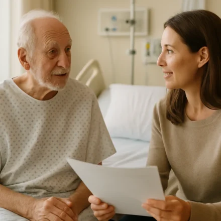Senior hospital patient and daughter reviewing Medicare observation status notice