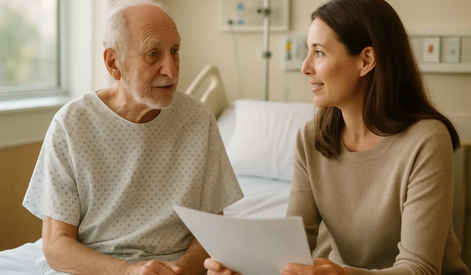 Senior hospital patient and daughter reviewing Medicare observation status notice