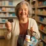 Senior woman using a Medicare OTC card to buy health items at a pharmacy