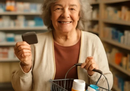 Senior woman using a Medicare OTC card to buy health items at a pharmacy