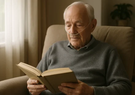 Senior using home oxygen therapy with a nasal cannula