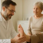 Podiatrist examining a senior patient's foot during a Medicare-covered diabetic foot exam