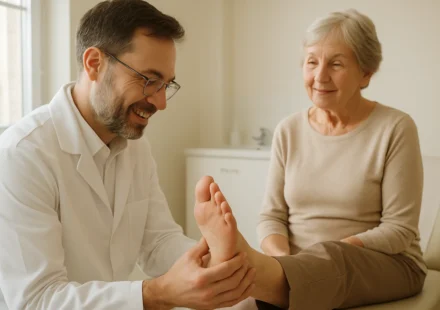 Podiatrist examining a senior patient's foot during a Medicare-covered diabetic foot exam