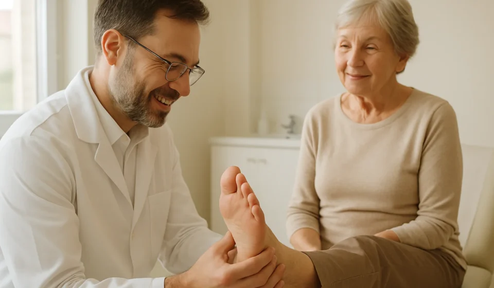 Podiatrist examining a senior patient's foot during a Medicare-covered diabetic foot exam