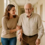 Senior man recovering with a caregiver's help in a skilled nursing facility hallway