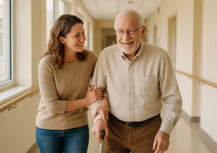 Senior man recovering with a caregiver's help in a skilled nursing facility hallway