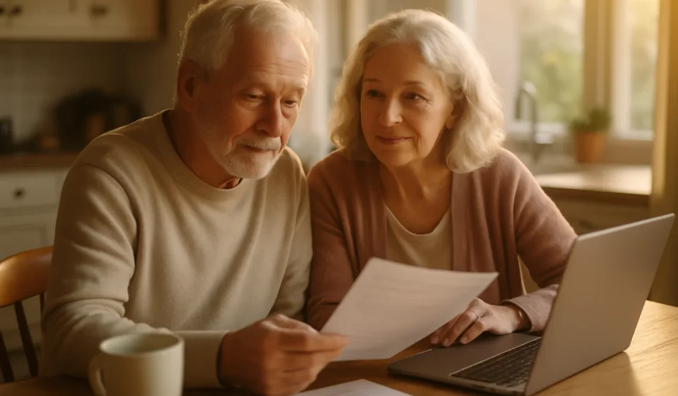 Senior couple reviewing Medicare Special Enrollment Period paperwork at home