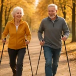 Seniors Nordic walking with poles in a park, illustrating full-body exercise for seniors in 2026