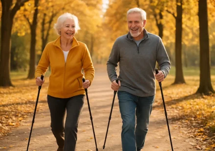 Seniors Nordic walking with poles in a park, illustrating full-body exercise for seniors in 2026