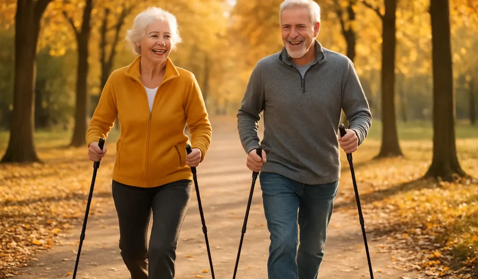 Seniors Nordic walking with poles in a park, illustrating full-body exercise for seniors in 2026
