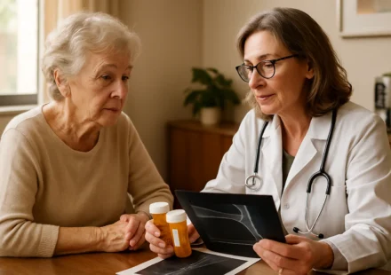 Senior woman reviewing osteoporosis medication options with doctor in clinic 2026