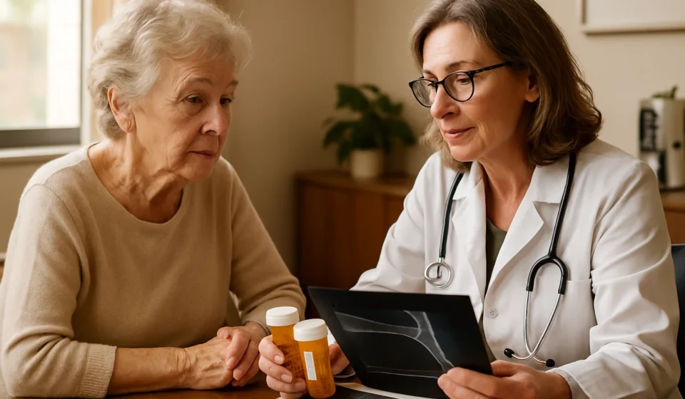 Senior woman reviewing osteoporosis medication options with doctor in clinic 2026