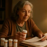 Senior woman organizing prescription medications and paperwork at home