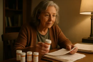 Senior woman organizing prescription medications and paperwork at home