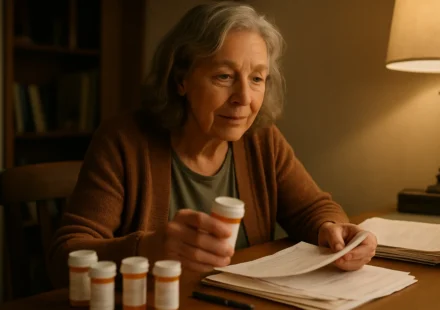 Senior woman organizing prescription medications and paperwork at home