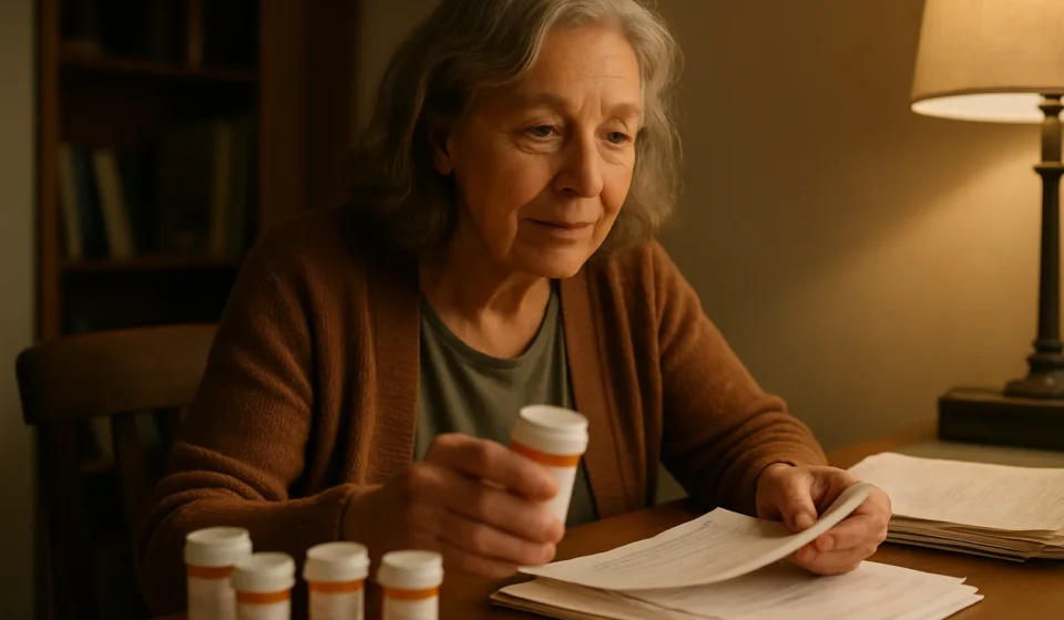 Patient Assistance Programs 2026: Free Prescription Drugs Senior woman organizing prescription medications and paperwork at home