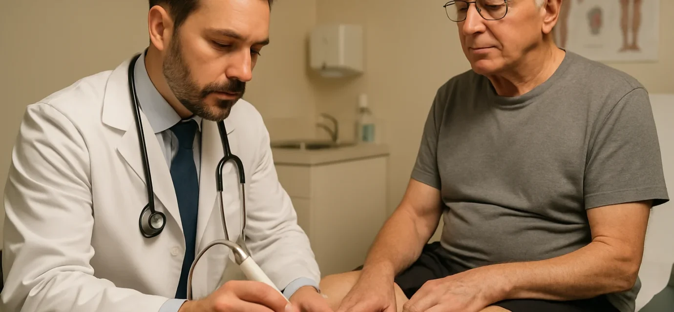 Vascular doctor examining elderly patient for peripheral artery disease 2026