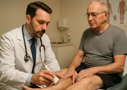 Vascular doctor examining elderly patient for peripheral artery disease 2026
