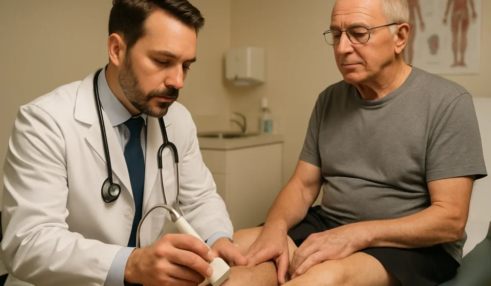 Vascular doctor examining elderly patient for peripheral artery disease 2026