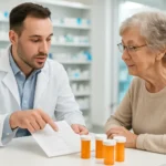 Pharmacist reviewing polypharmacy medication list with senior woman 2026