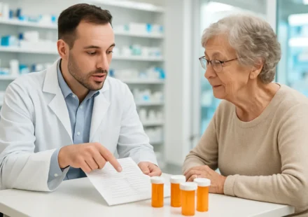 Pharmacist reviewing polypharmacy medication list with senior woman 2026