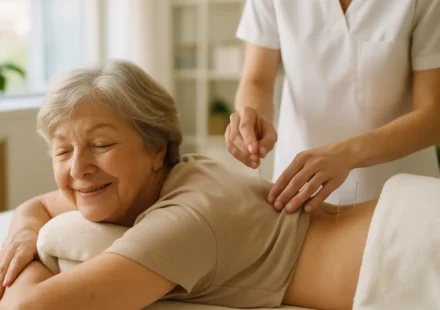 Senior woman receiving acupuncture for chronic low back pain covered by Medicare
