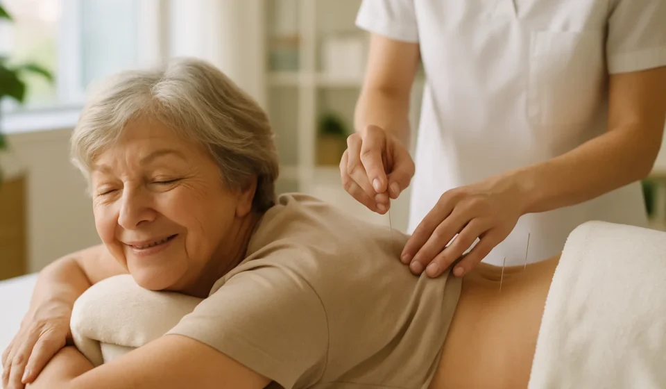 Senior woman receiving acupuncture for chronic low back pain covered by Medicare