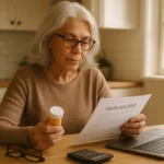 Senior woman reviewing Medicare Part D 2027 plan options and prescription costs at a kitchen table