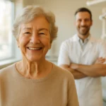 Senior woman smiling with new dentures during a dental visit