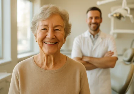 Senior woman smiling with new dentures during a dental visit