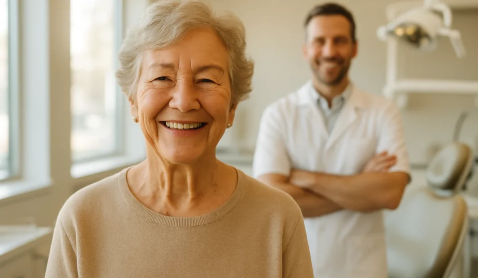 Senior woman smiling with new dentures during a dental visit