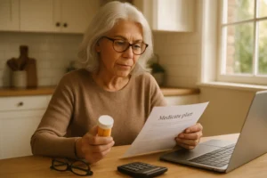 Senior woman reviewing Medicare Part D 2027 plan options and prescription costs at a kitchen table