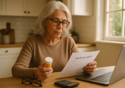 Senior woman reviewing Medicare Part D 2027 plan options and prescription costs at a kitchen table