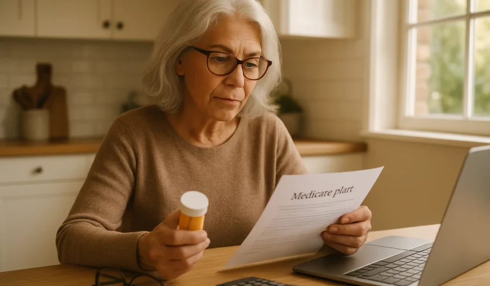 Medicare Part D 2027: New $2,400 Cap, Costs & Enrollment Senior woman reviewing Medicare Part D 2027 plan options and prescription costs at a kitchen table