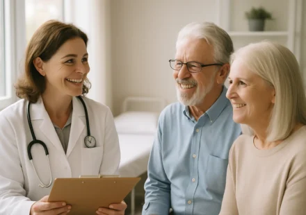 Senior patient discussing health plan with doctor during Medicare Annual Wellness Visit